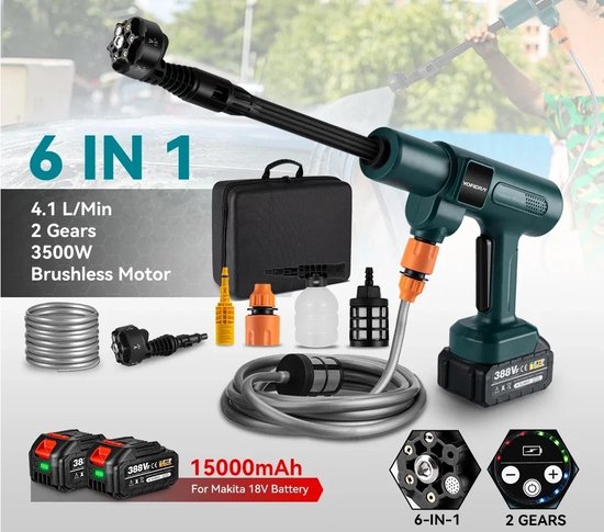 Gran Vida® - Hogedrukreiniger - 200BAR - 3500W - Draadloos - Inclusief 2 Batterijen - 6-in-1 spuitkop - Voor Auto’s & Tuin van Gran Vida