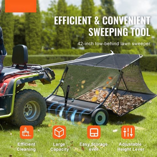 Gras- en Bladveger - Getrokken Gazonveger - Werkbreedte 107 cm - Robuuste Opvangbak 340 L - Verstelbare Veeghoogte - Trekkoord voor Leegmaken - Voor Zitmaaier/Tuintractor