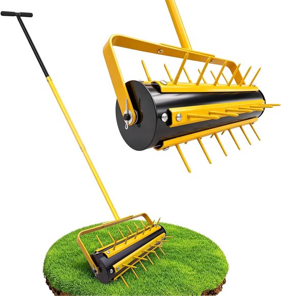Grasbeluchter Handmatig - Gazonrol Verticuteerder - Gazon Onderhoud - Vulbare Trommel - 146 x 40 cm - Zwart Geel