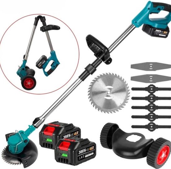 Grasmaaier elektrisch - Grasmaaier accu - Grastrimmer - Opvouwbaar - Draadloos - 2x 18V batterij - lichtblauw van Merkloos	