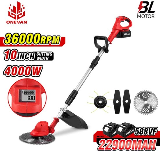Grasmaaier - Grastrimmer - Incl 2 Accu´s & Oplader - Onkruid - Maaier - Kantelmaaier - Rood