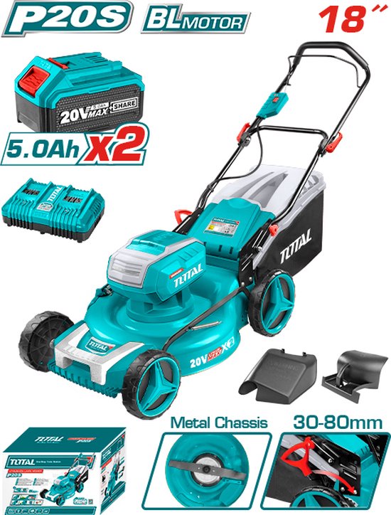 Grasmaaier - Incl. 2 x Lithium ion 5,0ah 20V - 2800rpm - 46 cm maaidiameter - Stalen body 60L opvangcapaciteit - 30-80mm maaihoogte capaciteit - 8 hoogtestanden - 3 maaifuncties - Inclusief 2x accu, 1x lader & 3x accessoires van VONROC
