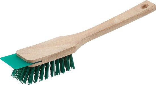 Grasmaaierborstel met schraper - stevige kunststof borstelharen en lange houten steel - groen - tuingereedschapborstels - handborstel voor het reinigen van grasmaaiers van Merkloos	