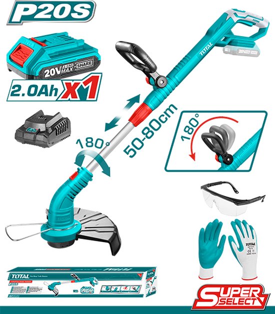 Grastrimmer - Lithium ion 2,0ah 20V - 8200rpm - 300mm maaidiameter - Kantentrim functie - Inclusief 1x accu, 1x lader, 1x veiligheidsbril & 1x veilgheidshandschoenen van VONROC