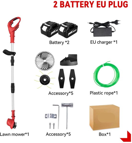 Grastrimmers - Met Accu - Snoeischaar - Onkruidborstel Electrisch - Snijder - Draadloze - Tuingereedschap - 10 inch - 18V - 36000RPM - Vouwbaar - Verstelbaar Handvat - Vouwbaar Ontwerp - 2 Accu van Merkloos	