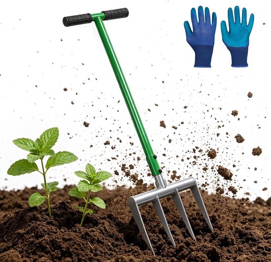 Grave fork voor harde en stenige grond, 31 x 107,5 cm, 4-tandige spade van hoog-mangaanstaal met 25 cm zinklengte en inclusief handschoenen voor tuinieren