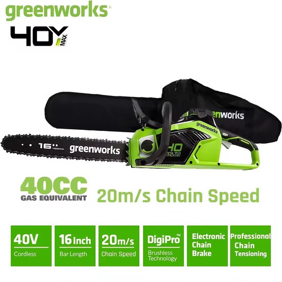Greenworks 40V Elektrische Kettingzaag - 16 Inch - Kettingsnelheid: 20 m/s - Koolborstelloze motor - Kettingzaag – Snoeizaag - Incl. 1x 4Ah batterijen + 1x oplade - Groente van Merkloos	