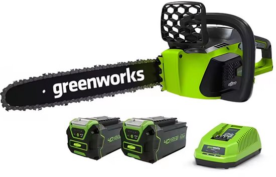 Greenworks 40V Elektrische Kettingzaag - Kettingsnelheid:12 m/s - Koolborstelloze motor - Kettingzaag - Snoeizaag - Incl. 2x 4Ah batterijen + 1x oplade - Groente van Greenworks