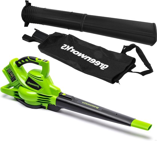 Greenworks GD24X2BV Accu Bladblazer en Zuiger met Schouderriem, Borstelloze Motor, 322 km/u, 9 m³/min, 45L Opvangzak ZONDER Twee van 24V (48V Equivalent) Accu’s & Lader
