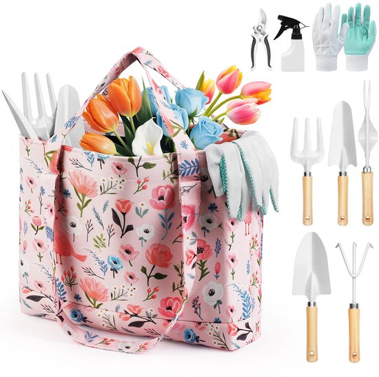 Grenebo Tuingereedschap, 10-delige cadeauset met tuingereedschap voor vrouwen, roestvrij en duurzaam gereedschap met bloemenorganizer, cadeau voor tuinierende vrouwen (roze wit) van Grenebo