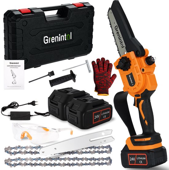 Grenintol Mini Kettingzaag - Snoeizaag - 6 inch - Kettingzaag - Snoeizaag voor Takken en Hout - Draadloze Elektrische Kettingzaag - 24V 6000mAh - Handzaag - Brushless Motor - Automatische Kettingsmering - 2 Kettingen & Opbergkoffer