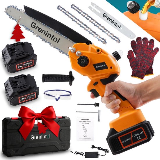 Grenintol Mini Kettingzaag - Snoeizaag - 8 inch - Kettingzaag - Snoeizaag voor Takken en Hout - Draadloze Elektrische Kettingzaag - 24V 9000mAh - 3 Accu's -Handzaag - Brushless Motor - Automatische Kettingsmering - 2 Kettingen & Opbergkoffer