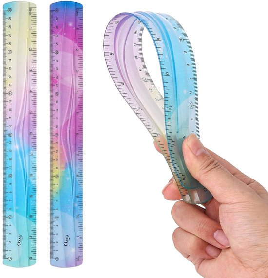 Grevosea 2 Piece Flexible Ruler Set - Colorful 30cm Plastic Shatterproof Soft Bendable Flat Ruler - Metric Straight For School Classroom, Kids And Adults