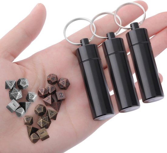Grevosea 21Pcs Mini Dice Set, DND Metal Micro Miniature Dice with EDC Keychain Case Portable Role Play Perfect Accessories, Tools and Gifts for D&D Player van Merkloos	