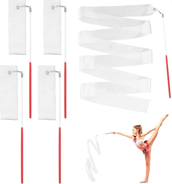 Grevosea 4pcs Dance Ribbons, 67 Inch Rhythmic Gymnastics Ribbon for Adults Kids White Praise Dance Streamers with Sticks for Baton Twirling Talent Shows Artistic Dancing van Merkloos	