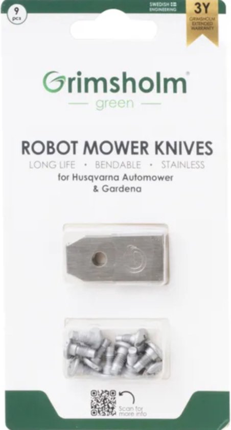 Grimsholm green reservemessen robotmaaier - 9 messen - 9 schroeven - RVS - voor Gardena grasmaaier - voor Husqvarna - 35 x 18 x 0,6mm van Grimsholm