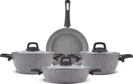 Gris Bio-graniet 7-delige pannenset met glazen deksels, pannenset met anti-aanbaklaag, 2 pannen met glazen deksel en 2 pannen van Blaumann