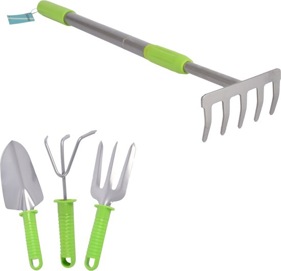 Groen & Zilveren Tuingereedschap Set | Gemaakt Van Metaal En Plastic| Inhoud1 Hark En 3stuks Tuingereedschap | Hark verstelbaar tot 90 cm | Tuingereedschap met 25*8cm| Onmisbaar Voor Tuinonderhoud van Groën