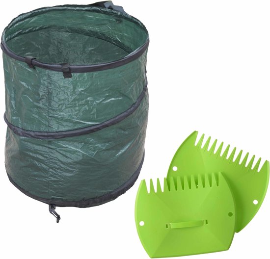Groene tuinafvalzak opvouwbaar 90 liter met een setje bladharken/tuinafval grijpers - Tuinieren opharken van AVIWIS