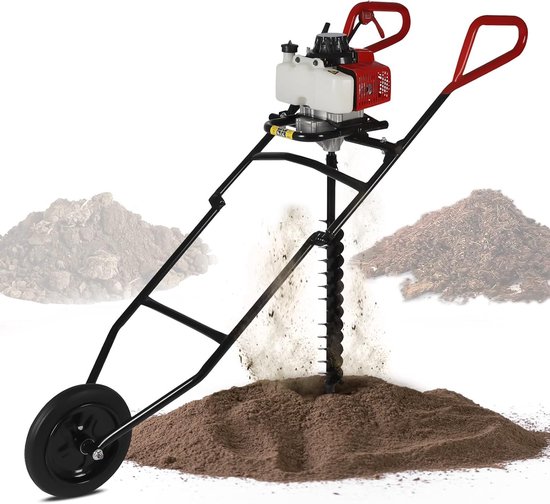 Grondboor Benzine - Tuinboor Bodemboor - Efficiënt Gaten Boren - Inklapbaar Met Wiel - 80 mm Boordiameter van Merkloos	