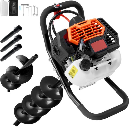 Grondboor met benzinemotor, 52 CC, 1450 W, 6“ en 10” boor met 3 verlengstangen, voor landbouwgrond, tuinplanten, oranje + zwart van Merkloos	