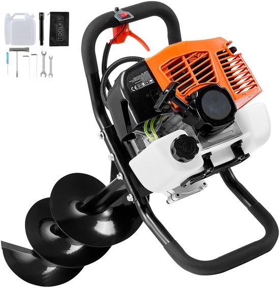 Grondboor,Efficiënt graven, Stevige constructie, Gebruiksvriendelijk, op benzine, 63 CC, 2400 W, 8” boor, oranje + zwart van T-Mech