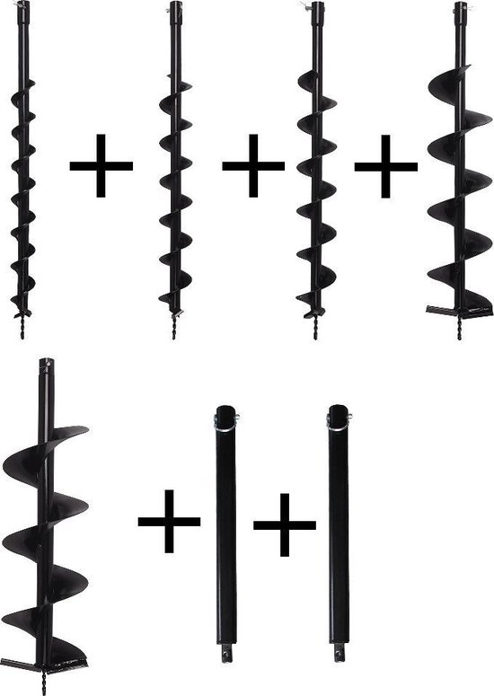 Grondboren set 60 mm + 80 mm + 100 mm + 150 mm + 200mm + 2verl.