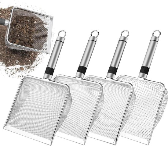 Grondzeef Set - Potgrondzeef Schep - Tuin Verwerken - 4 Delig Met Handvat - 2-5 mm - Zilver