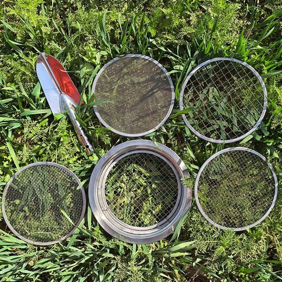 Grondzeef Set - Tuin Zeef - Compost Zeven - Vijf Maasmaten - 1-12 mm - Zilver