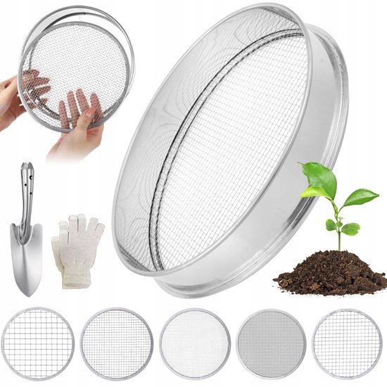 Grondzeef - Tuinzeef - Compostzeef - Zandzeef - 30cm RVS Zeefset met 5 Verwisselbare Mazen - 3mm/5mm/8mm/10mm/12mm - Voor Tuin, Compost & Zand - Incl. Schep & Handschoenen van Merkloos	