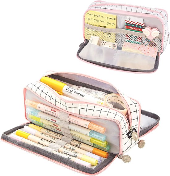 Grote etui met 3 compartimenten voor school en kantoor - multifunctionele pennenzak, organizer en make-up tas voor kinderen en volwassenen van Merkloos	