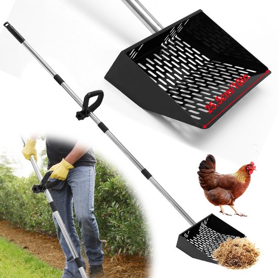 Grote Hark voor Kippenmest met 137 cm Handvat voor Kippenhok Accessoires, Zeefhark voor het Scheiden van Mest, Zand en Kippenbedekking, Ideaal voor Tuinieren en Bemesting (25,5 cm)