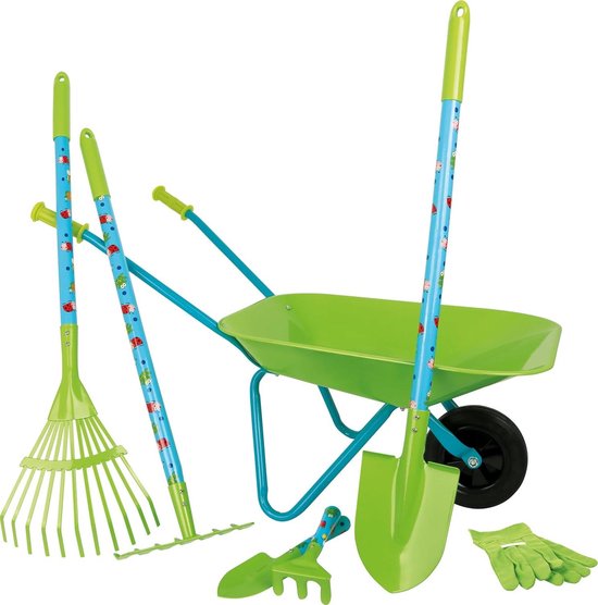 Grote tuinset van hout en metaal met kruiwagen spades hark enz. voor de tuin vanaf 3 jaar Kruiwagen van Vigatoys