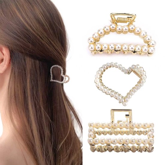 Haarclip, kleine parels, kristal, haarklemmen, goud, metaal, hartvorm, haarspelden voor dames, dunne haaraccessoires voor vrouwen en meisjes (3 stuks)