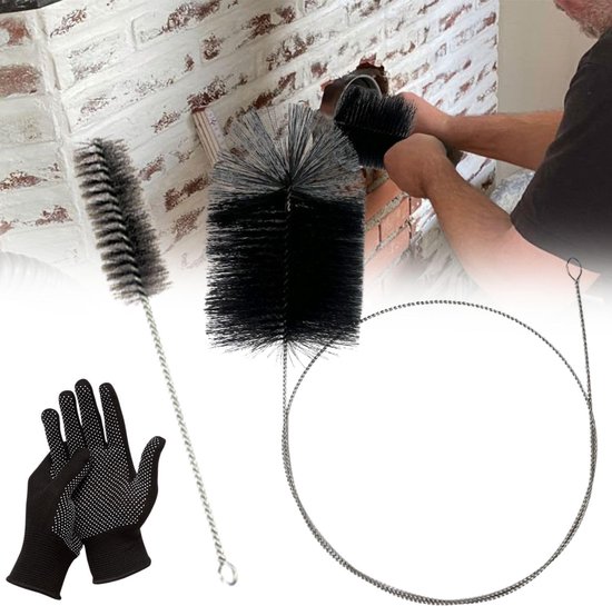 & haardborstelset, schoorsteenbezem met duwstang, staaldraad buisreinigingsborstel, schoorsteenvegerborstel voor open haard, kachelpijp, rookkanaalreiniging (handschoenen inbegrepen)