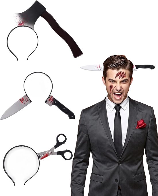 Halloween-haarband set van 3 - lichte kunststof - schaar, mes en bijl - compleet je kostuum - ServiceTopper