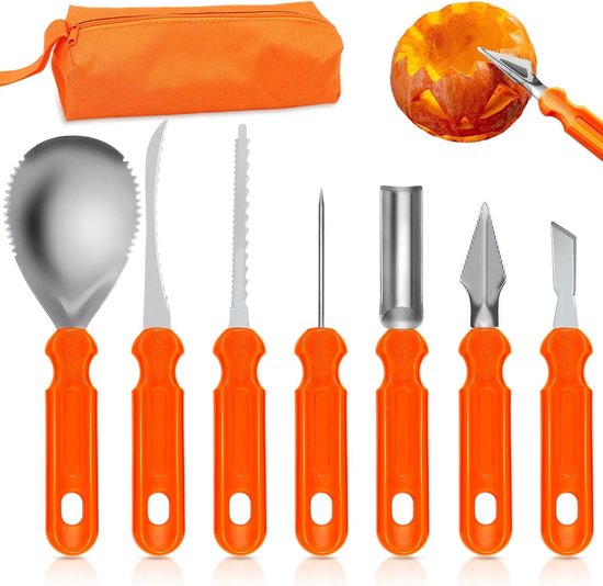 Halloween Pompoensnijderset 7-Delig met Draagtas en Roestvrij Staal Tools voor Pompoen Carving - Professioneel Snijgereedschap voor Volwassenen en Kinderen - Feestelijke Decoratie inbegrepen van YEBALA