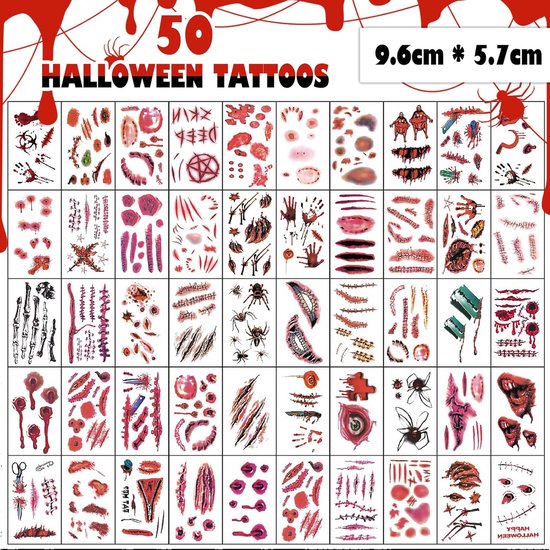 Halloween Tattoo 50 Sheets Halloween Carnival Costume Women Men Face Stickers Zombie Vampire Witches Horror Scars Wounds Creepy Face Tattoo van Blulu