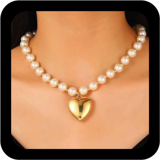 Halsketting met parels, hart, dik, met gouden parels, vintage parelketting, puffy, liefde, parelketting, sieraden voor vrouwen