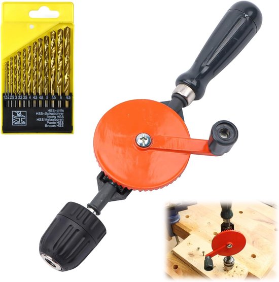 Hand Drill Set - 3/8 Inch Hand Drill Machine - Tension Head - Cast Steel Double Gear Manual - 13 Steel Drills - Voor Hout en Plastic Boren van Merkloos	