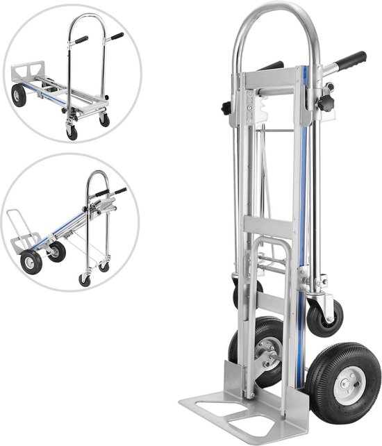 Hand Trolley - 3 in 1 - Aluminium - Twee 10 inch Luchtbanden en Twee - 5 inch Wielen -1 Neusplaat - voor Thuis, Industrieel, Kantoor, School, Werkplaats, Magazijn, Fabriek, Levering - Zilver van Monzana