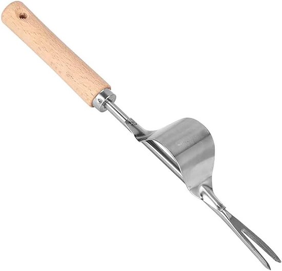 Hand Weder Tool - Weding Tool Tuin - Onkruid Verwijderen - Roestvrijstalen Vork - Compact - Houtkleurig