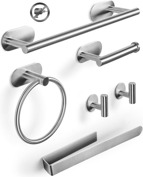 Handdoekenrek Set 6 Delig - Badkameraccessoires Zonder Boren, Wandmontage, Roestvrij Staal - Inclusief Handdoekrails, Handdoekring en Toiletpapierhouder van $
