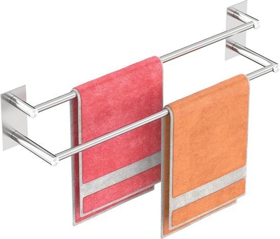 Handdoekhouder zonder boren - Dubbele handdoekstang voor badkamer, roestvrij staal, 74,5 cm wandmontage van Kinlo