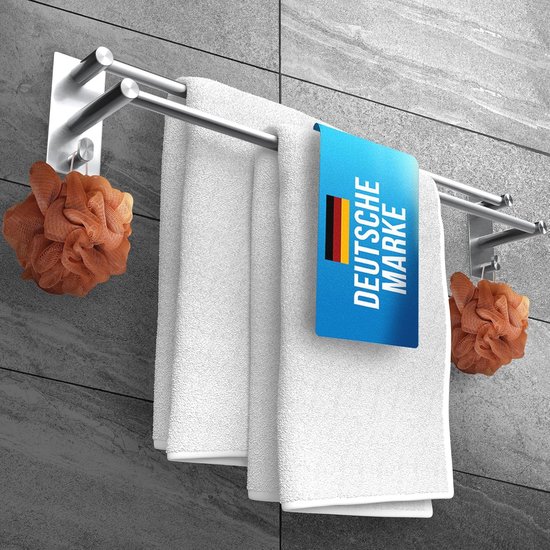 Handdoekhouder zonder boren - Roestvrij Staal 60 cm - Dubbele Handdoekstang en 2 Haken - Ideaal voor Badkamer, Douchewand en Keuken van Topmail