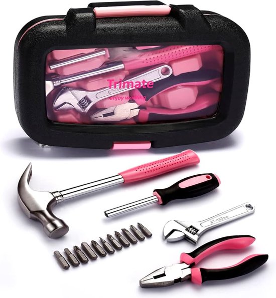 handgereedschap. Gereedschapsset - 15-delig van Trimate, set bevat - hamer, moersleutel, tang (gereedschap voor thuis, op kantoor of in de auto) (roze) van Trimate