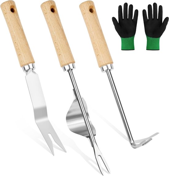 Handgereedschap voor Onkruidbestrijding - 3-delige Set met Lange Handvatten en Tuinhandschoenen, Ideaal voor Dandelions en Planten Verplanten van Merkloos	