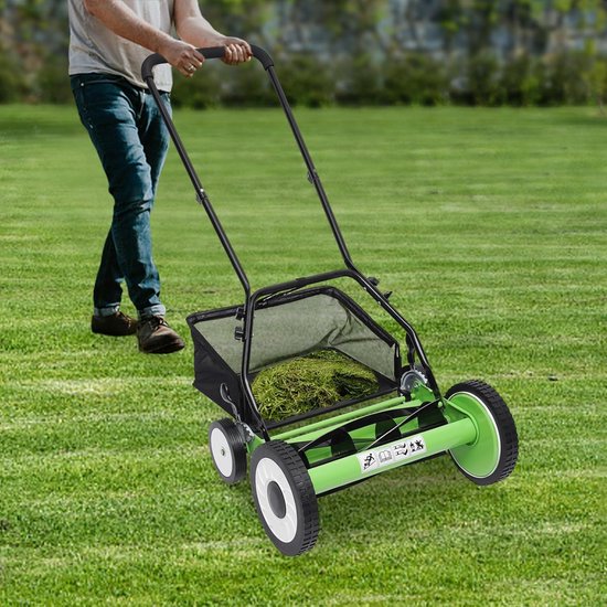 Handgrasmaaier 5 messen - Stille grasmaaier - Gazononderhoud - Milieuvriendelijk en CO2-arm - 16 inch breed - Groen