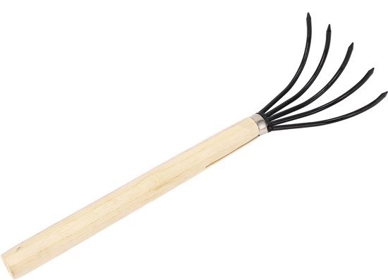 Handhark - 12 cm werkbreedte - Tuinhark - 5 stalen tanden - Houten handgreep - Ergonomisch ontwerp - Klauwfrees - Voor het bewerken en losmaken van de grond - Lange handgreep