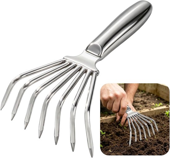 Handharkje - Handcultivator - Tuinkrabber - Volledig Metaal & 7 Tanden - Roestbestendig - Voor Moestuin, Bloembedden, Grond Losmaken & Onkruid Wieden - 22.5x11 cm - Zilver